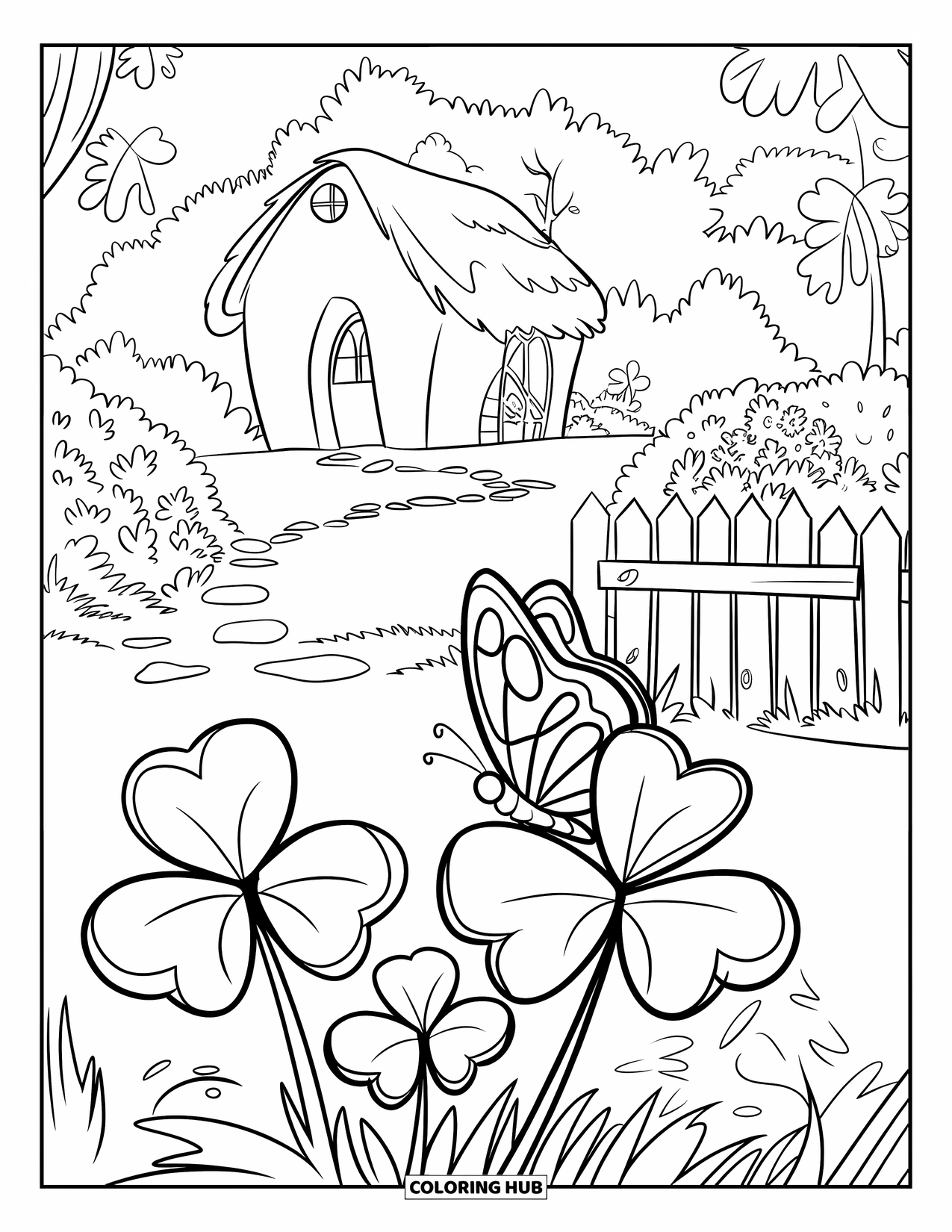 Shamrock Coloring Page for Kids: A cottage garden filled with shamrocks, flowers, and butterflies