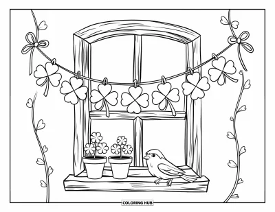 Coloriage de trèfles pour enfants : Une fenêtre de chaumière décorée de trèfless avec un oiseau au repos