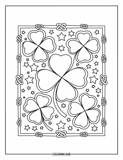 Coloriage de trèfles pour enfants : Un cadre détaillé de trèfless, d'étoiles et d'entrelacs