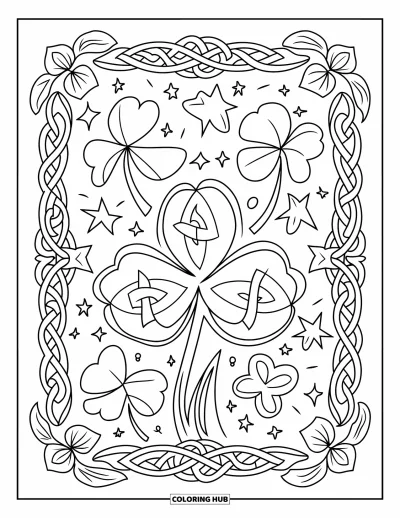 Coloriage de trèfles pour enfants : Un trèfles encadré, décoré d'étoiles, de fleurs et de nœuds celtiques