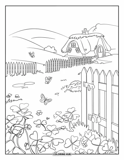Coloriage de trèfles pour enfants : Un jardin de trèfless et de papillons près d'une petite chaumière