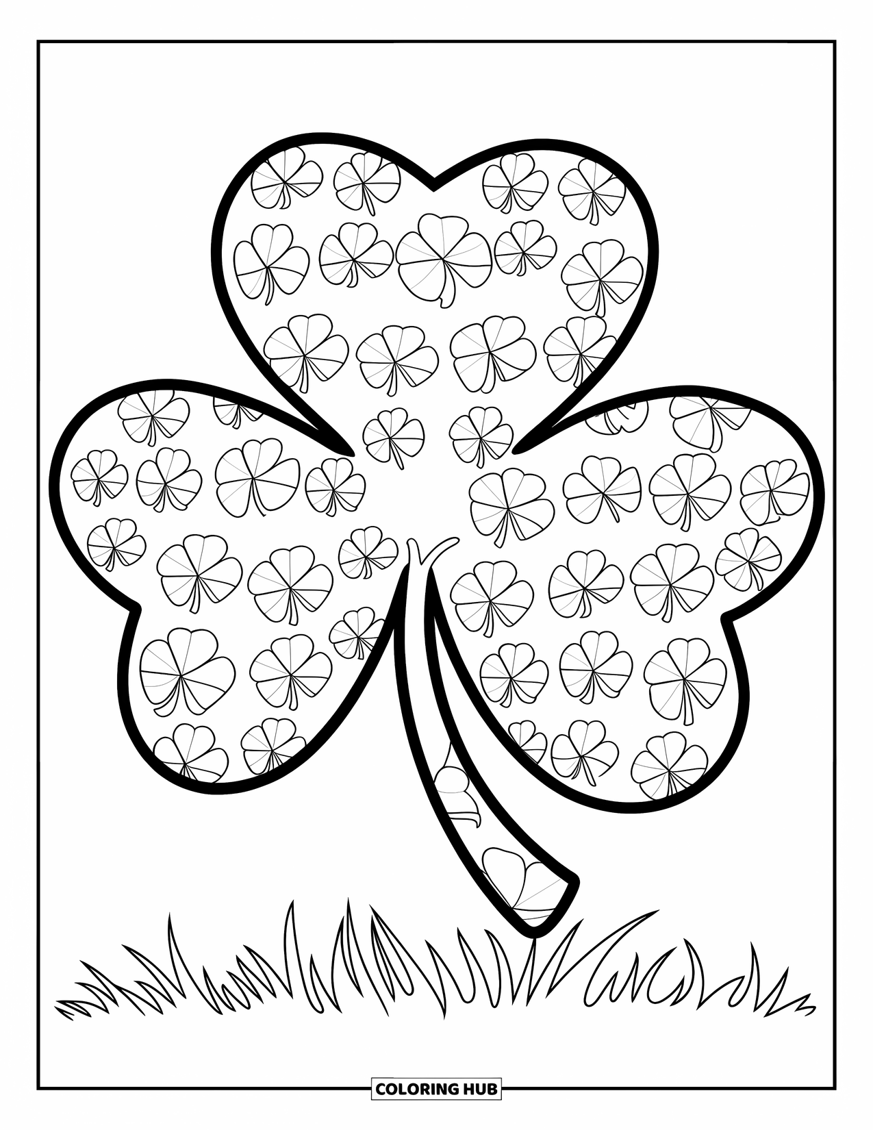 Shamrock Coloring Page for Kids: A giant shamrock formed by clusters of tiny shamrocks