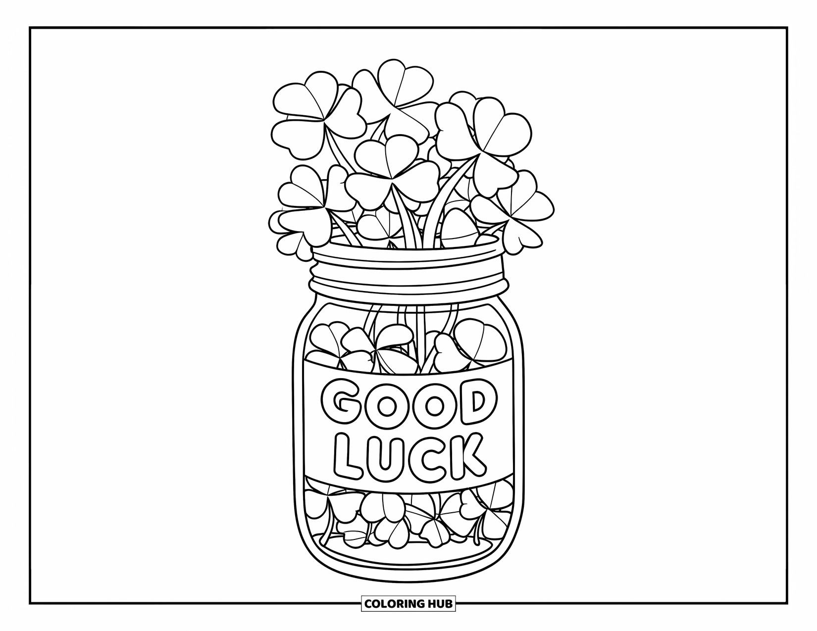 Shamrock Coloring Page for Kids: A "Good Luck" jar brimming with lucky clovers