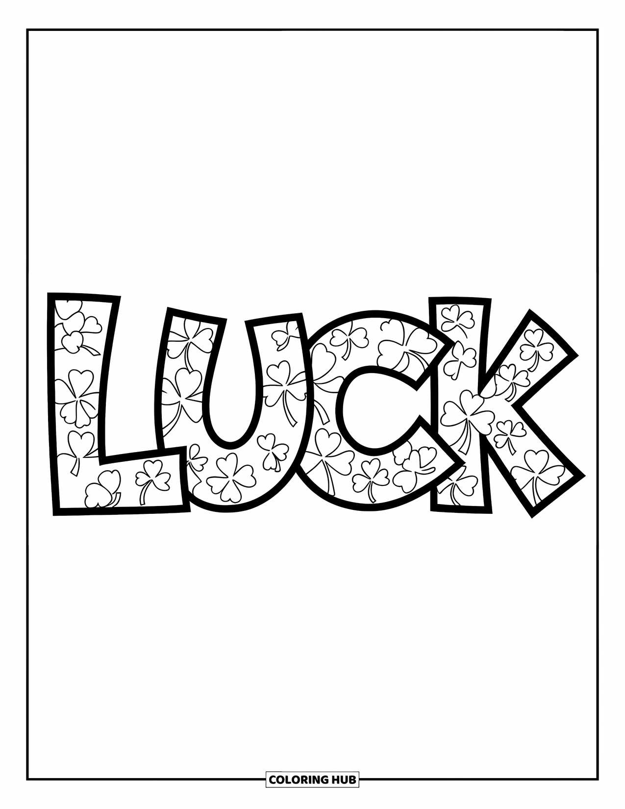 Shamrock Coloring Page for Kids: A graffiti-style "LUCK" design decorated with shamrock textures