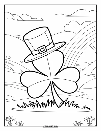 Coloriage de trèfles pour enfants : Un trèfles souriant en chapeau entouré de petites fleurs et de nuages