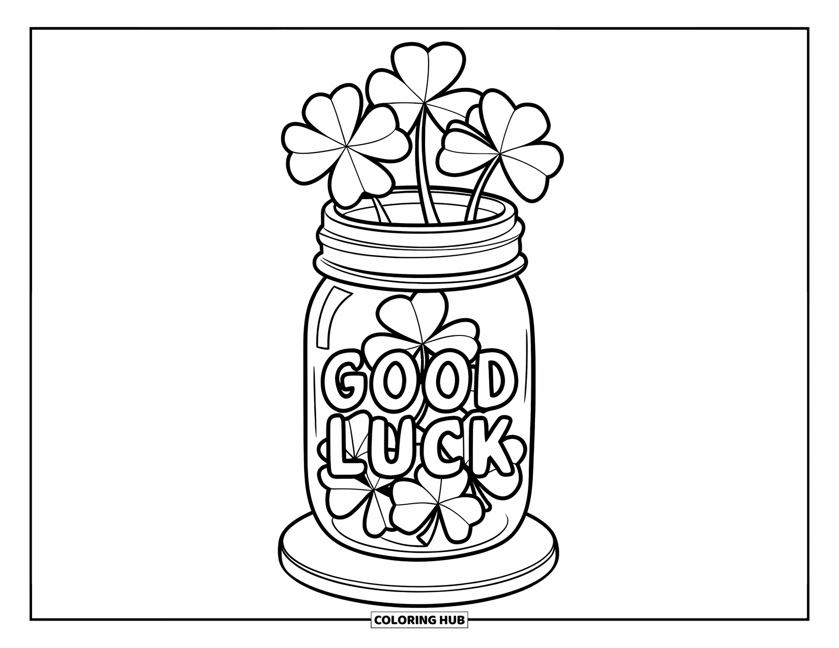 Shamrock Coloring Page for Kids: A jar of clovers labeled "Good Luck" on a wooden base