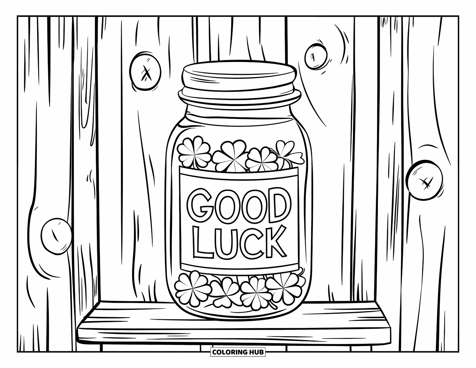 Shamrock Coloring Page for Kids: A jar of clovers sits on a rustic shelf labeled "Good Luck"