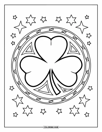 Coloriage de trèfles pour enfants : Un grand trèfles entouré d'étoiles et de petits nœuds celtiques