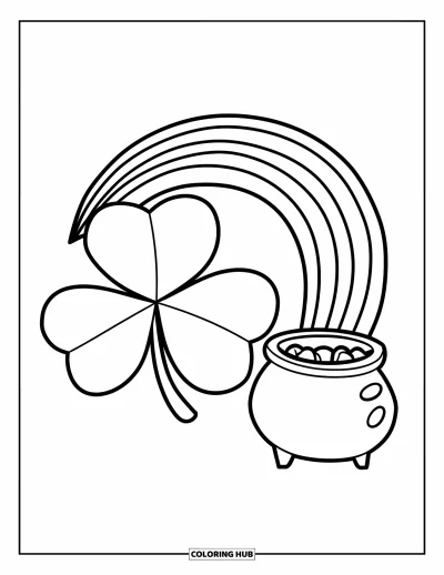 Coloriage de trèfles pour enfants : Un grand trèfles avec un arc-en-ciel et un chaudron d'or