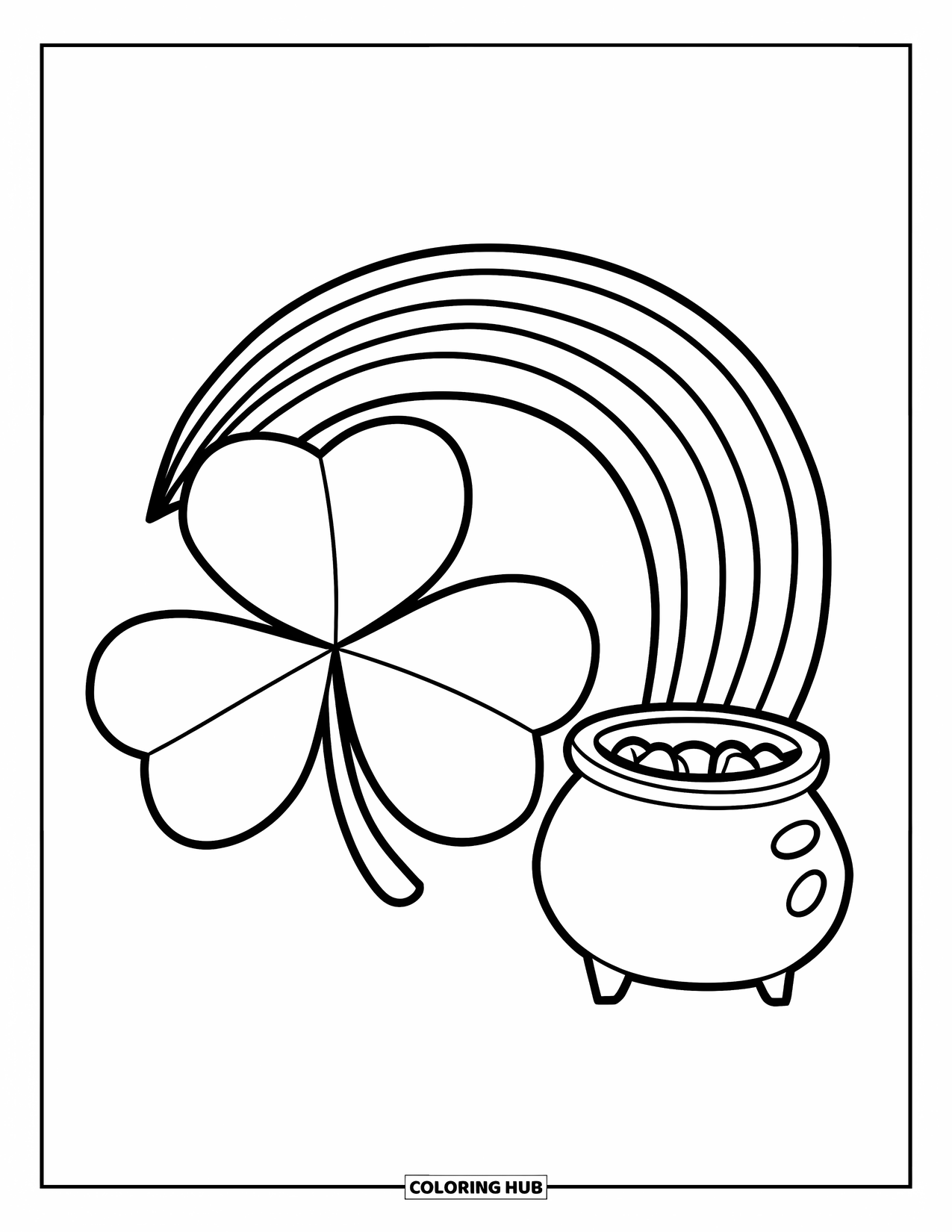 Shamrock Coloring Page for Kids: A large shamrock with a rainbow and pot of gold