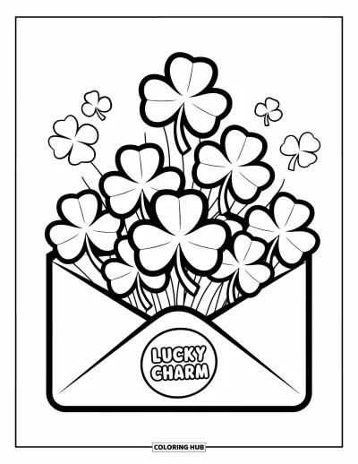 Coloriage de trèfles pour enfants : Une lettre débordant de trèfless marquée "Open Me for Luck !"