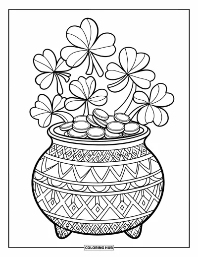 Coloriage de trèfles pour enfants : Un chaudron rempli de trèfless et de pièces d'or brillantes