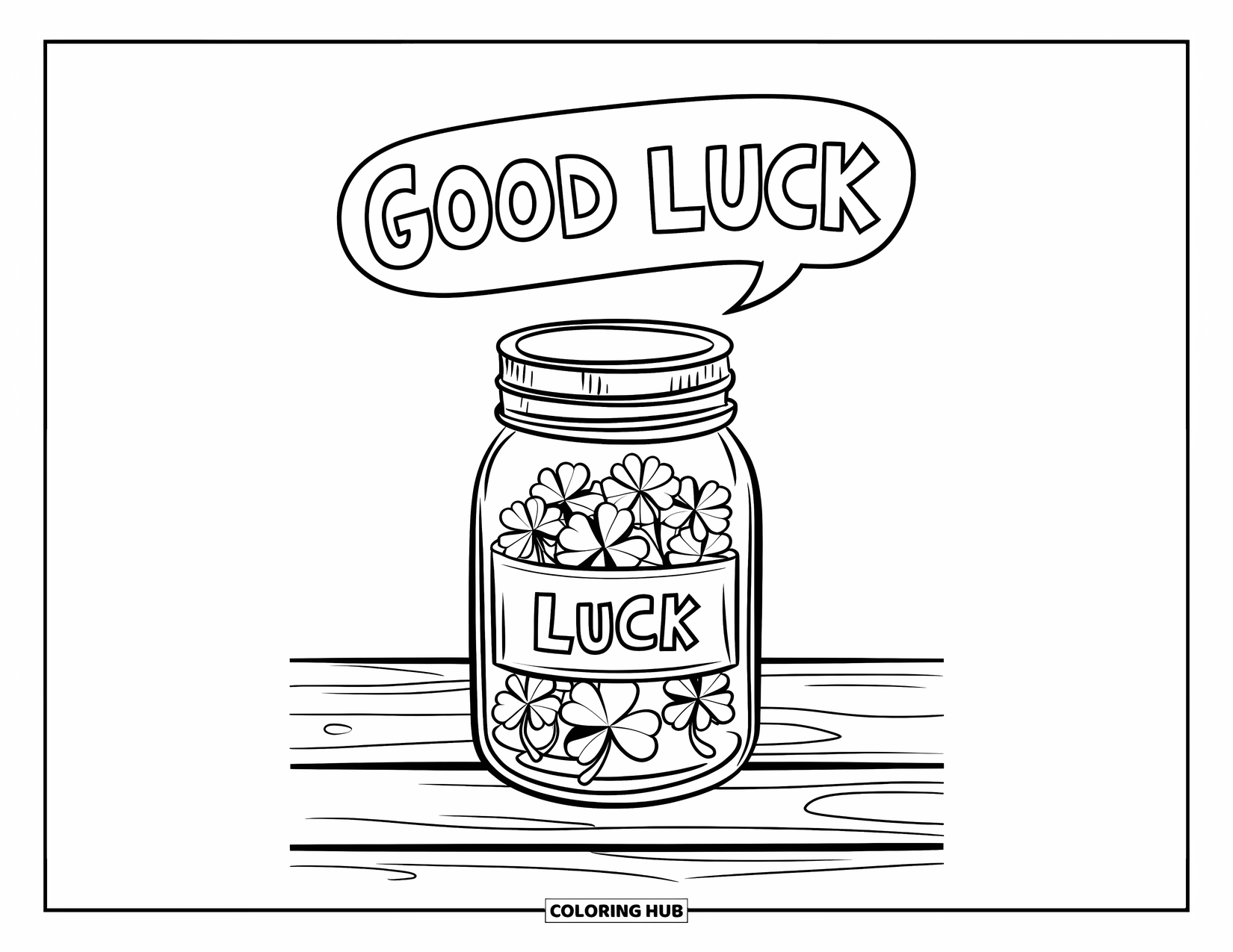 Shamrock Coloring Page for Kids: A mason jar filled with clovers labeled "Good Luck"
