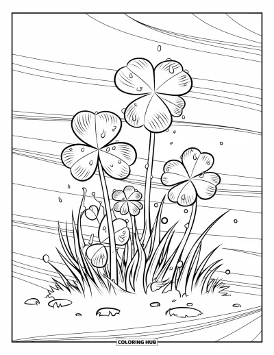 Coloriage de trèfles pour enfants : Une touffe de trèfless avec des pierres et des lignes ondulées