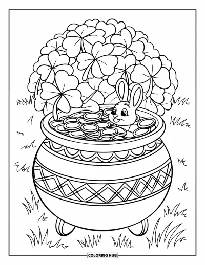 Coloriage de trèfles pour enfants : Un chaudron d'or avec des trèfless et un lapin curieux qui pointe le bout du nez