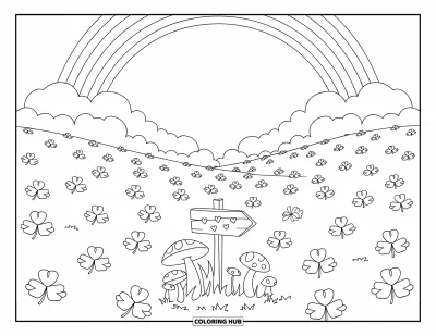 Coloriage de trèfles pour enfants : Un arc-en-ciel au-dessus d'une prairie de trèfless avec des champignons