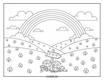 Coloriage de trèfles pour enfants : Un champ verdoyant de trèfless et un arc-en-ciel au-dessus des collines