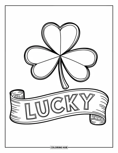 Coloriage de trèfles pour enfants : Une banderole avec "Lucky" sous un trèfles brillant
