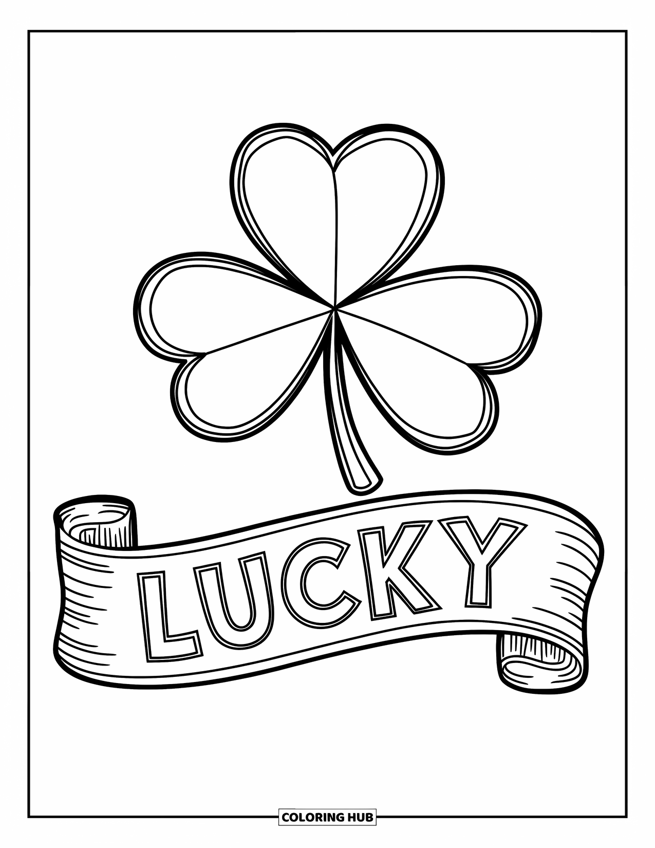 Shamrock Coloring Page for Kids: A scroll banner with "Lucky" beneath a shining shamrock