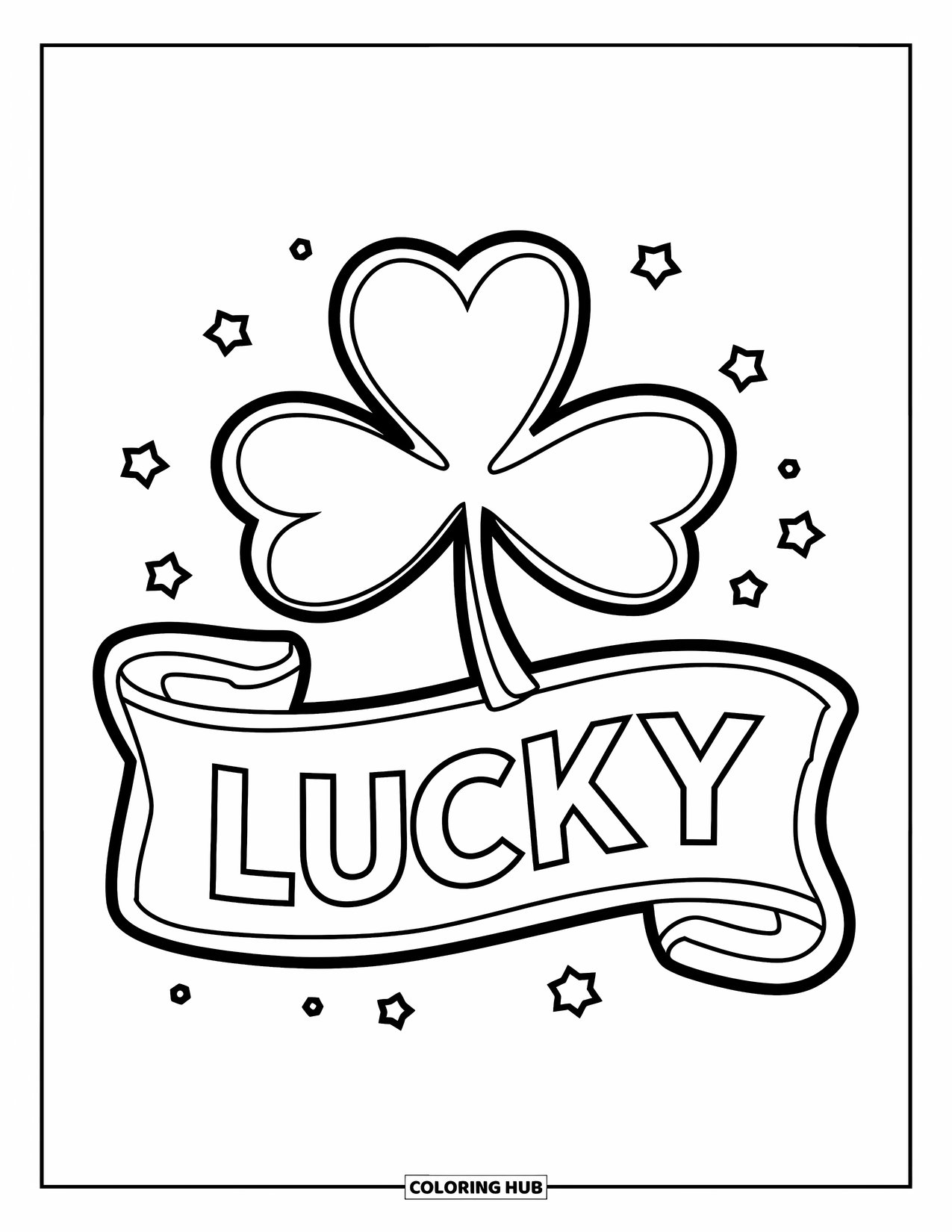 Shamrock Coloring Page for Kids: A shamrock and ribbon banner proudly displaying the word "Lucky"