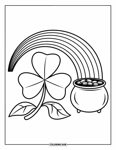 Coloriage de trèfles pour enfants : Un trèfles sous un arc-en-ciel menant à un chaudron d'or
