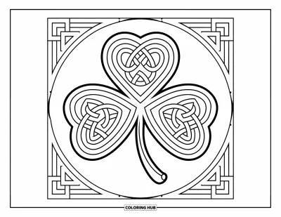Coloriage de trèfles pour enfants : Un trèfles de nœuds celtiques orné d'accents triangulaires et ronds
