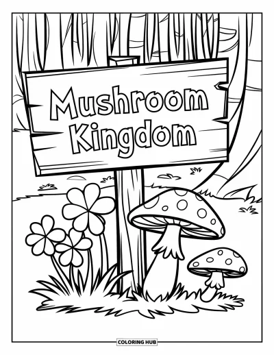 Coloriage de trèfles pour enfants : Des trèfless poussent près de champignons et d'un panneau en bois