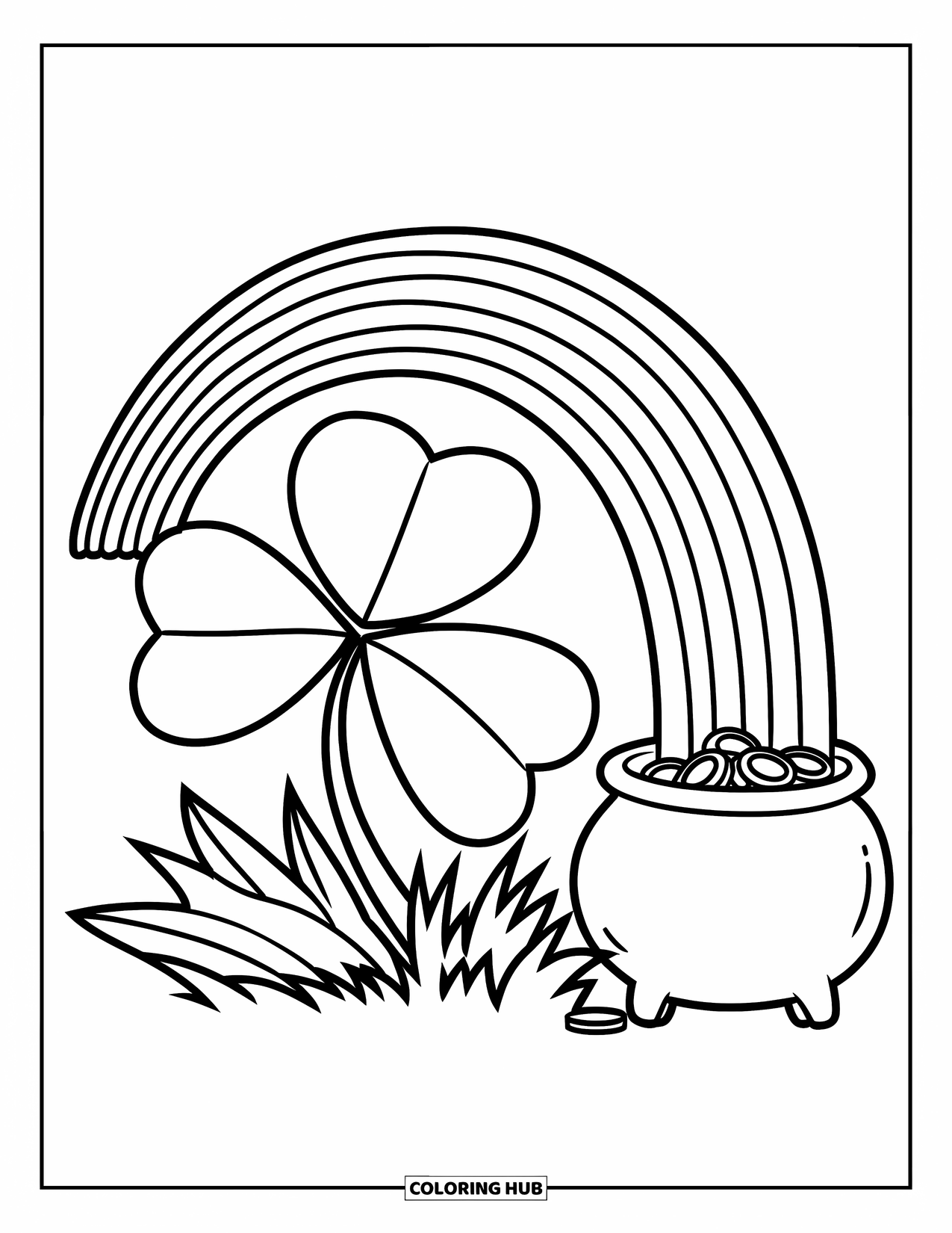 Shamrock Coloring Page for Kids: A shamrock, rainbow, and pot of gold in a lucky scene