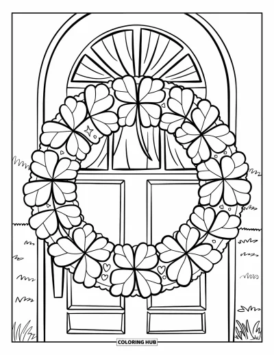 Coloriage de trèfles pour enfants : Une couronne de trèfless avec de petits cœurs suspendue à une porte de chaumière
