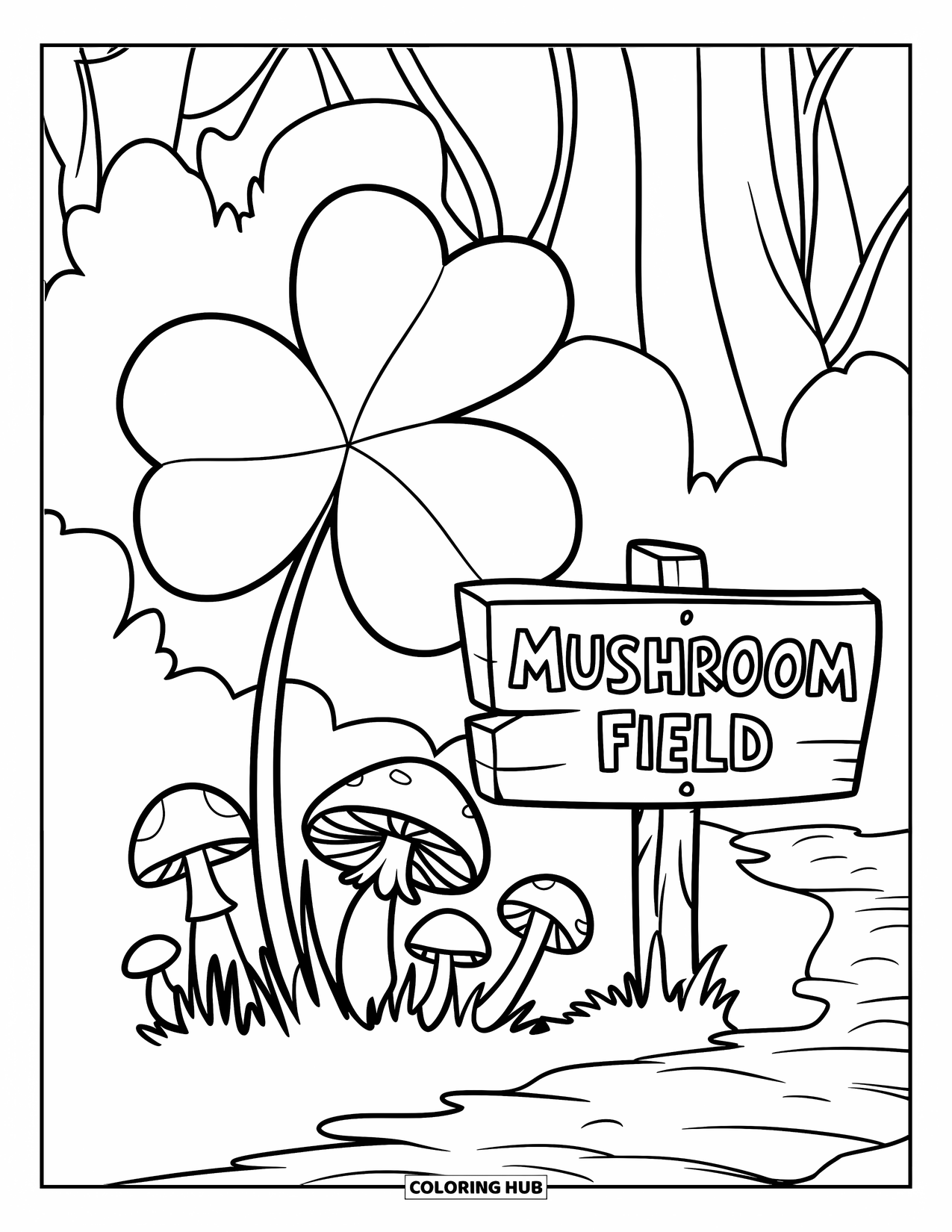 Shamrock Coloring Page for Kids: A sign reading "Mushroom Field" beside clovers and mushrooms