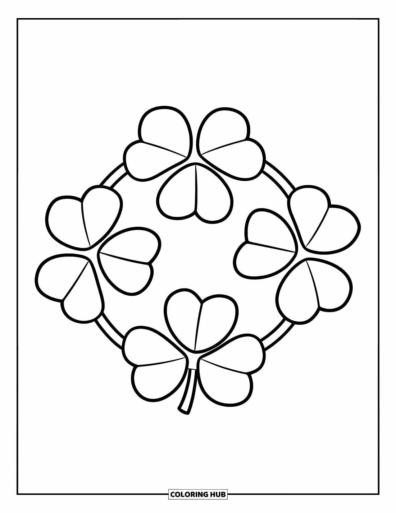 Shamrock Coloring Page for Kids: A simple shamrock wreath made of four large clovers