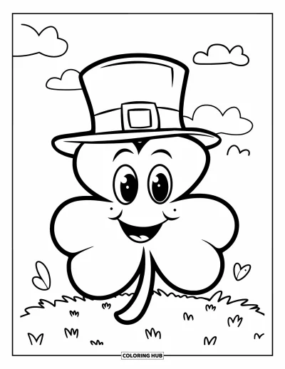 Coloriage de trèfles pour enfants : Un trèfles souriant en chapeau de leprechaun assis dans l'herbe