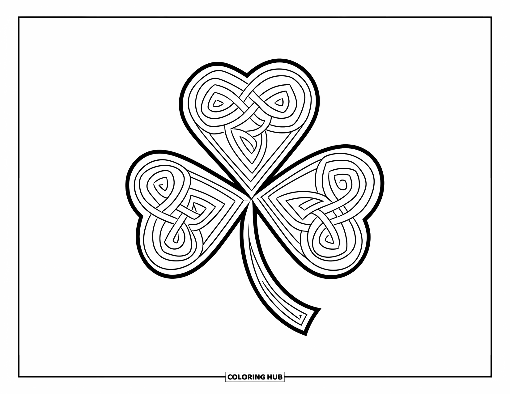 Shamrock Coloring Page for Kids: A stylized shamrock filled with geometric Celtic shapes