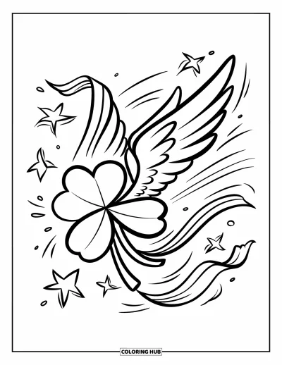 Coloriage de trèfles pour enfants : Un trèfles ailé s'envole avec des rubans et des étoiles