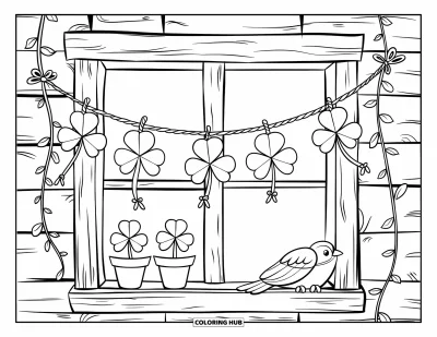 Coloriage de trèfles pour enfants : Une fenêtre en bois avec des trèfless et un oiseau sur le rebord