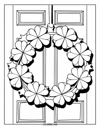 Coloriage de trèfles pour enfants : Une couronne de grands trèfless, de cœurs et d'étoiles sur une porte