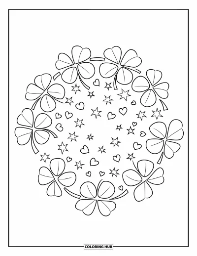 Coloriage de trèfles pour enfants : Une couronne de trèfless mêlés de cœurs et d'étoiles
