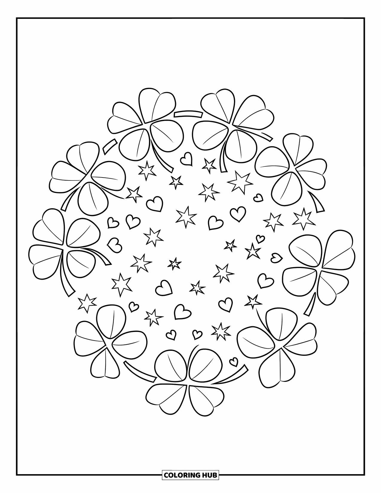 Shamrock Coloring Page for Kids: A wreath of shamrocks mixed with hearts and stars