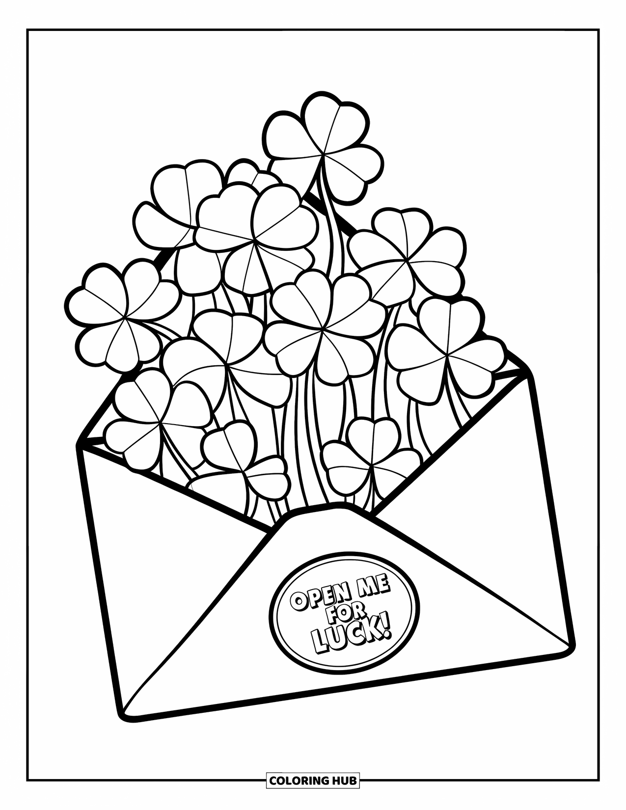 Shamrock Coloring Page for Kids: An envelope spills out shamrocks with a "Lucky Charm" label