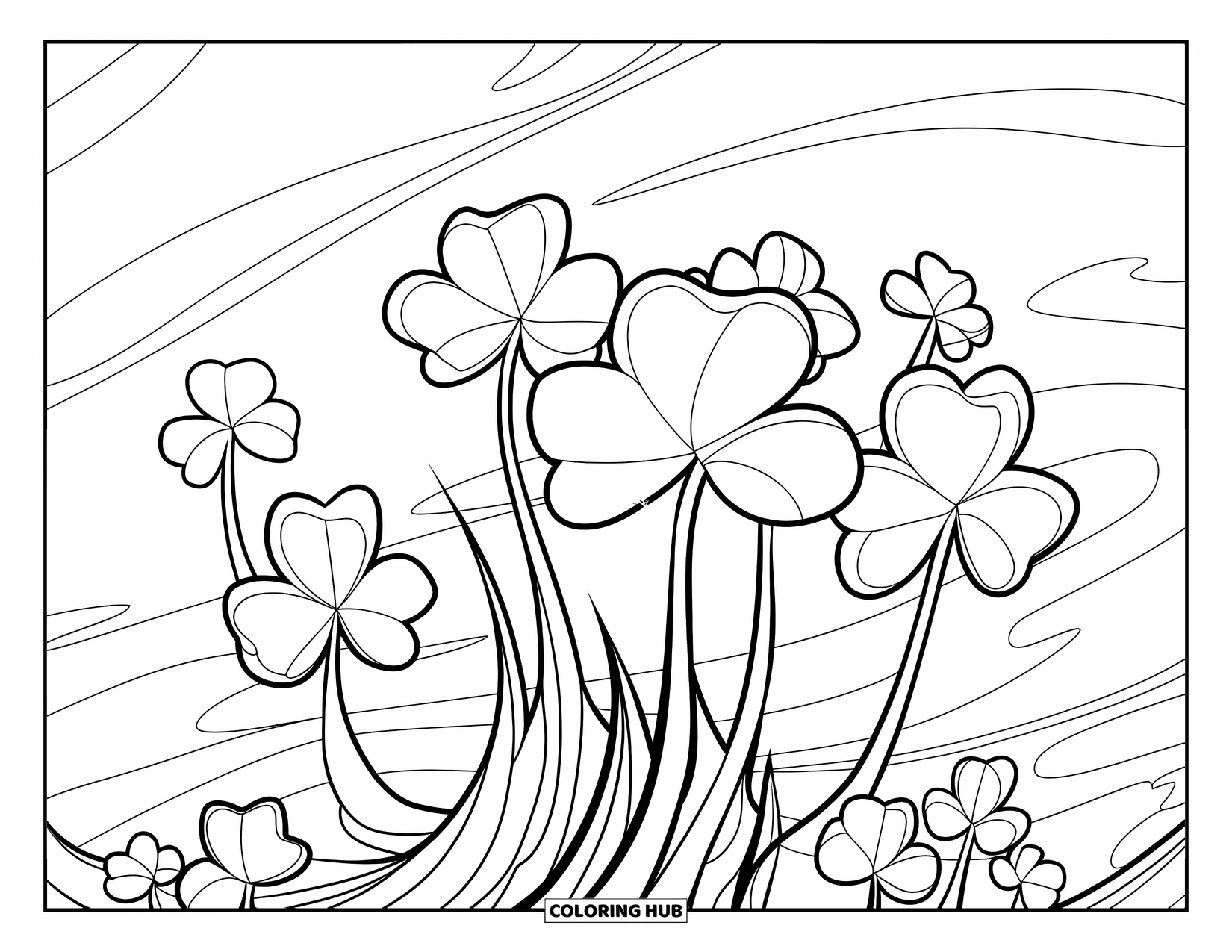 Shamrock Coloring Page for Kids: Dancing shamrocks swirl in the wind against a clear sky