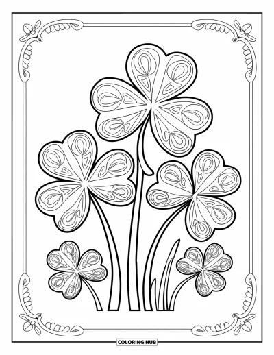 Coloriage de trèfles pour enfants : Cinq trèfless de tailles diverses encadrés de bordures fleuries