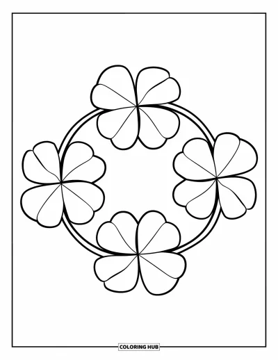 Coloriage de trèfles pour enfants : Quatre grands trèfless formant une joyeuse couronne circulaire