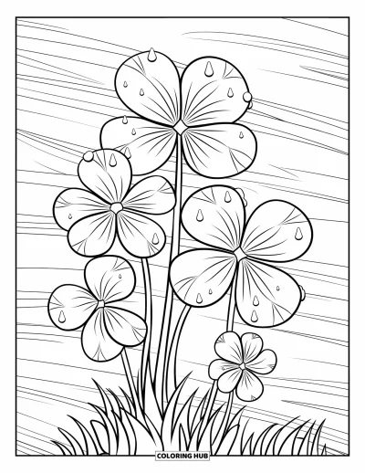 Coloriage de trèfles pour enfants : Des trèfless luxuriants avec des gouttes de rosée et des motifs d'herbe