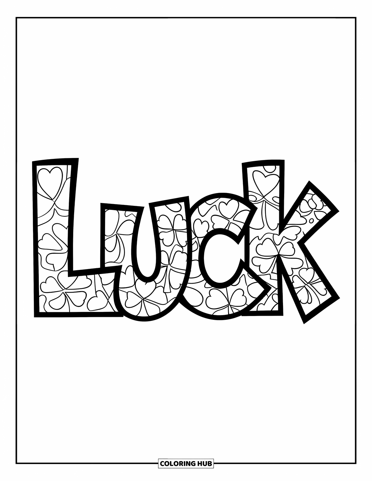 Shamrock Coloring Page for Kids: The word "LUCK" drawn in bold letters filled with shamrocks