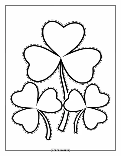 Coloriage de trèfles pour enfants : Trois trèfless bien marqués avec des guides en pointillés