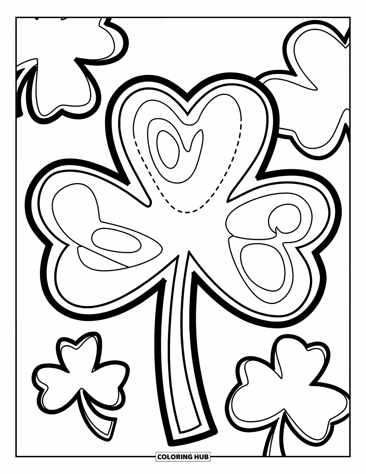 Shamrock Coloring Page for Kids: Three playful shamrocks outlined for coloring and tracing