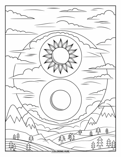 Desenho de céu para colorir para adultos: Um sol e uma lua em equilíbrio repousam em um céu yin-yang sereno