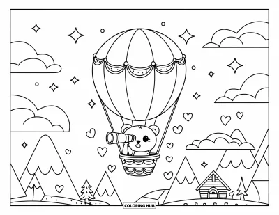 Desenho de céu para colorir para adultos: Um urso em um balão observa o horizonte com um telescópio