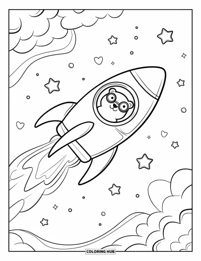 Desenho de céu para colorir para adultos: Um urso em um foguete viaja tranquilamente pelo céu