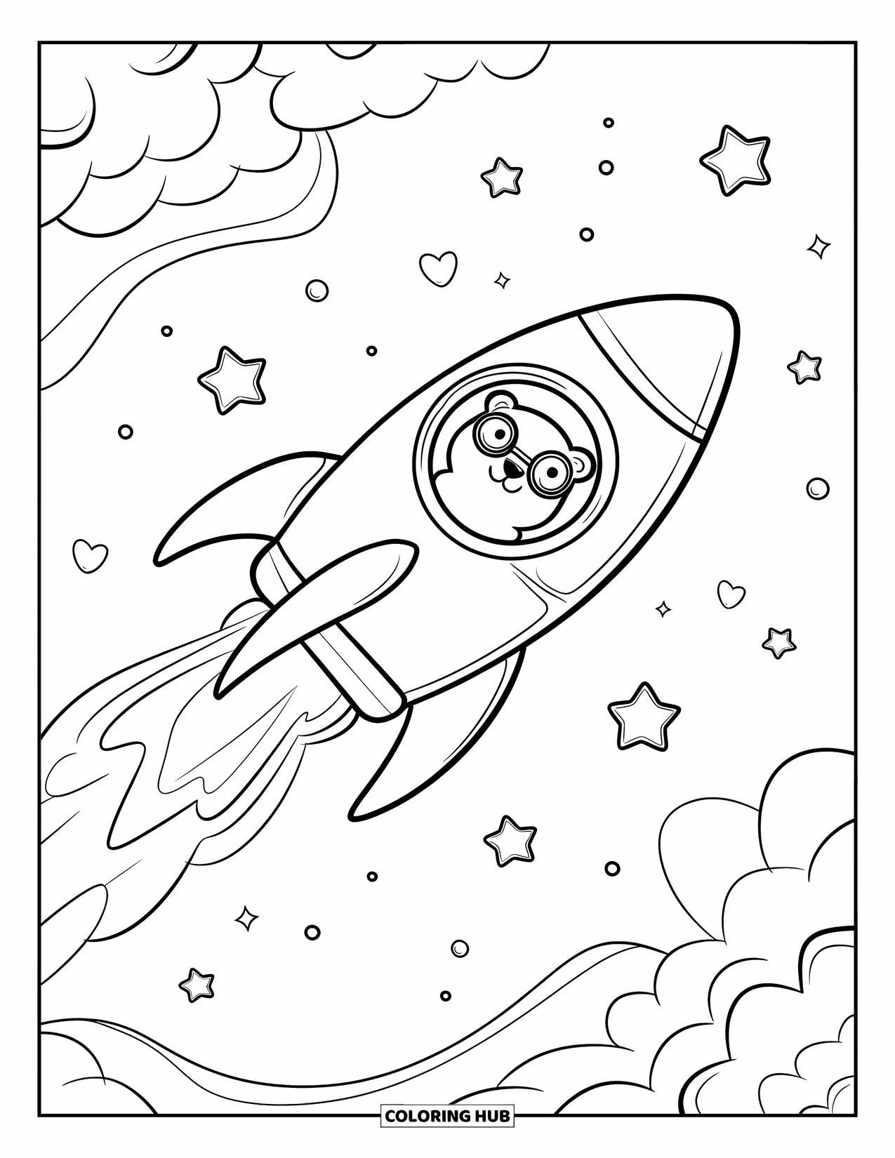 Sky Coloring Page for Adults: A bear in a rocket zooms gently through the sky